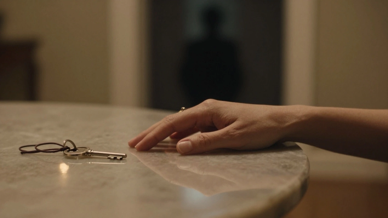 A hand rests on a dark stone table with a leather-corded key nearby, candlelight glinting softly in the quiet space.