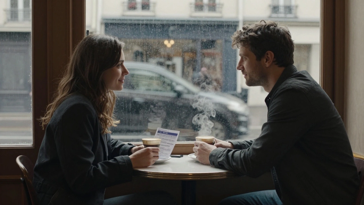 A man and woman meeting in a Paris café, ID visible on the table, both serious and cautious.