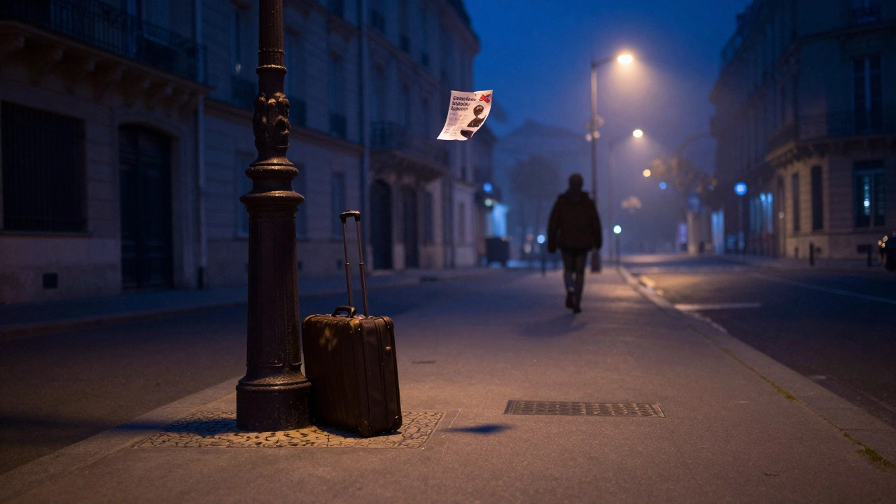 An abandoned suitcase on a Paris street at night, a figure walking away under a flickering lamp.