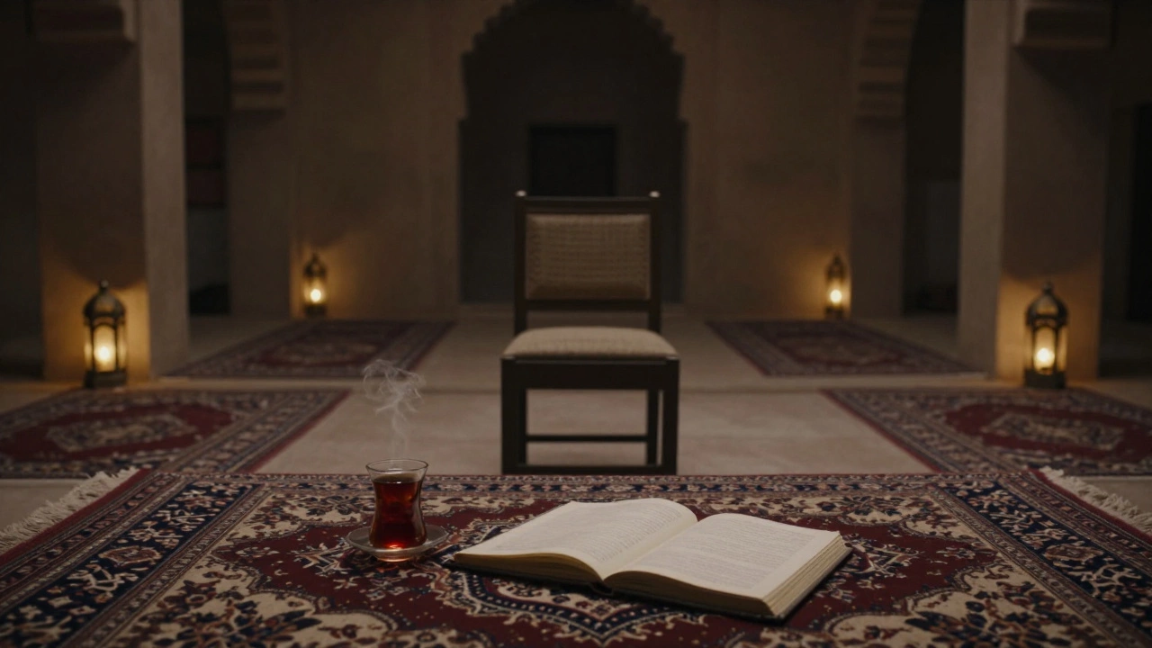 An empty chamber in Aladinharem with lantern light on rugs and a steaming cup of tea beside an untouched journal.